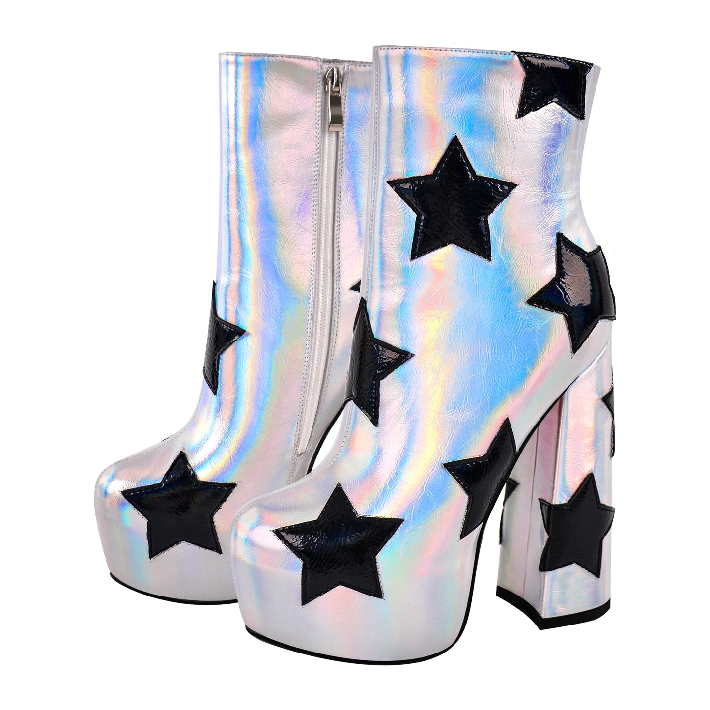 Platform Round Toe Chunky Heel Silver Star Crossdressing Boots