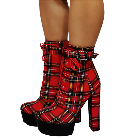 Chunky Heel Plaid Ankle Boots