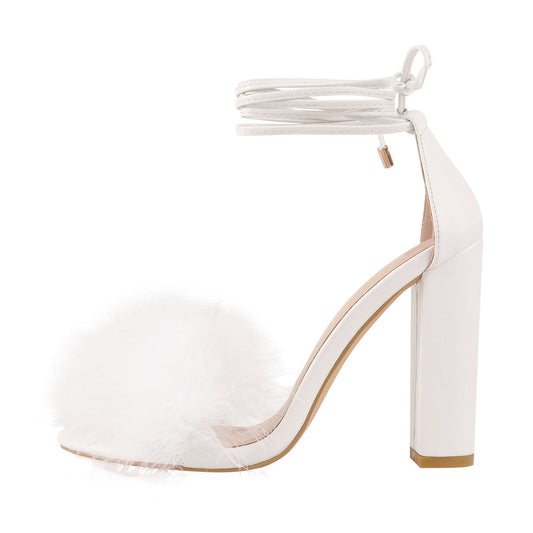 Fluffy Feather Chunky High Heel Crossdressing Sandals