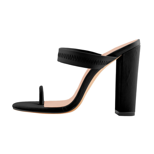 Black Chunky High Heel Mules Toe Ring Crossdressing Sandals
