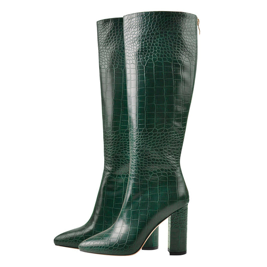 Pointed Toe Stone Pattern Chunky Crossdressing Boots
