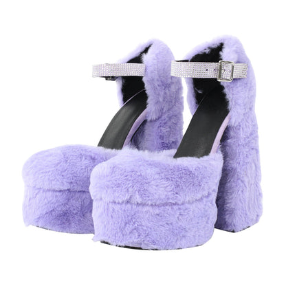 Chunky Heel Ankle Strap Fur Mary Jane Crossdressing Pumps