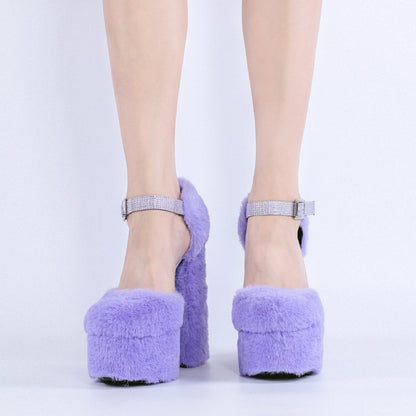 Chunky Heel Ankle Strap Fur Mary Jane Crossdressing Pumps